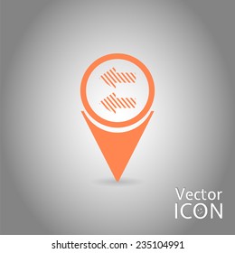 Map pointer with two directional arrows. Pointer down. Flat design style. Made in vector