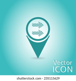Map pointer with two directional arrows. Pointer down. Flat design style. Made in vector