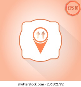 Map pointer with two directional arrows. Pointer down. Flat design style. Made in vector