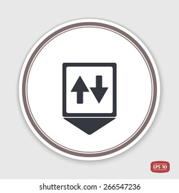 Map pointer. Two directional arrows. Emblem or label with shadow. Flat design style. Made in vector illustration