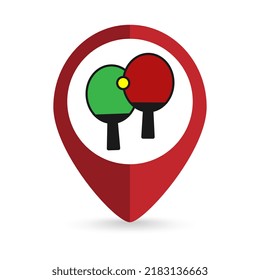 Map pointer with Two rackets for playing table tennis icon. Vector illustration.