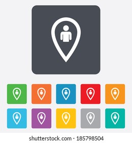 Map pointer user sign icon. Person location marker symbol. Rounded squares 11 buttons. Vector