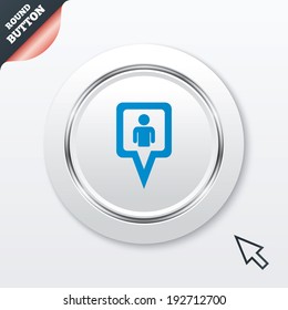 Map pointer user sign icon. Person location marker symbol. White button with metallic line. Modern UI website button with mouse cursor pointer. Vector