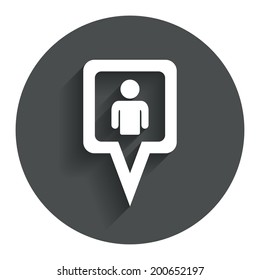 Map pointer user sign icon. Person location marker symbol. Circle flat button with shadow. Modern UI website navigation. Vector