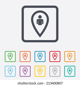 Map pointer user sign icon. Person location marker symbol. Round squares buttons with frame. Vector