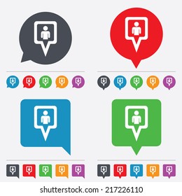 Map pointer user sign icon. Person location marker symbol. Speech bubbles information icons. 24 colored buttons. Vector