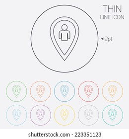 Map pointer user sign icon. Person location marker symbol. Thin line circle web icons with outline. Vector
