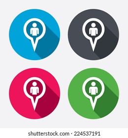 Map pointer user sign icon. Person location marker symbol. Circle buttons with long shadow. 4 icons set. Vector