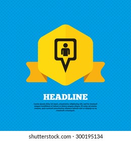 Map pointer user sign icon. Person location marker symbol. Yellow label tag. Circles seamless pattern on back. Vector
