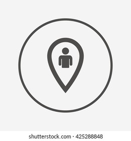 Map pointer user sign icon. Marker symbol. Flat location marker icon. Simple design location marker symbol. Location marker graphic element. Round button with flat location marker icon. Vector