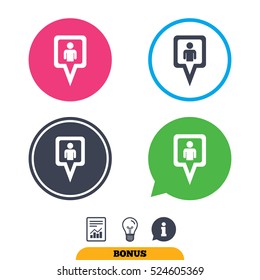 Map pointer user sign icon. Person location marker symbol. Report document, information sign and light bulb icons. Vector