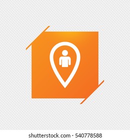 Map pointer user sign icon. Person location marker symbol. Orange square label on pattern. Vector