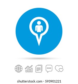 Map pointer user sign icon. Person location marker symbol. Copy files, chat speech bubble and chart web icons. Vector