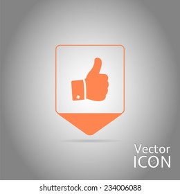 Map pointer - Vector hand with thumb up icon. Flat design style.