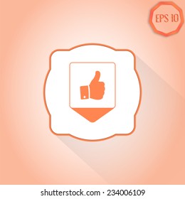 Map pointer - Vector hand with thumb up icon. Flat design style.