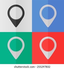 Map pointer vector icon. Effect of folded paper. Colored (red, blue, green) illustrations. Flat design