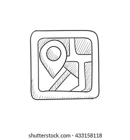 Map with pointer vector sketch icon isolated on background. Hand drawn Map with pointer icon. Map with pointer sketch icon for infographic, website or app.