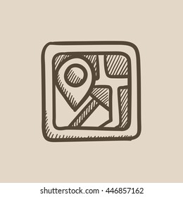 Map with pointer vector sketch icon isolated on background. Hand drawn Map with pointer icon. Map with pointer sketch icon for infographic, website or app.