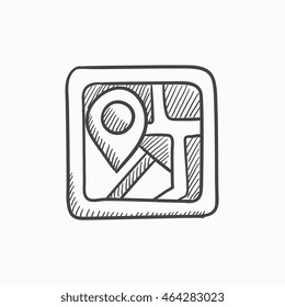 Map with pointer vector sketch icon isolated on background. Hand drawn Map with pointer icon. Map with pointer sketch icon for infographic, website or app.
