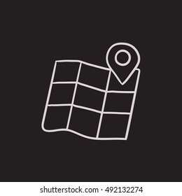 Map with pointer vector sketch icon isolated on background. Hand drawn Map with pointer icon. Map with pointer sketch icon for infographic, website or app.