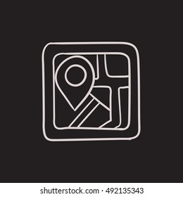 Map with pointer vector sketch icon isolated on background. Hand drawn Map with pointer icon. Map with pointer sketch icon for infographic, website or app.