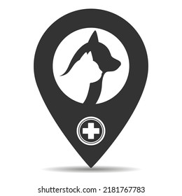 Map pointer with veterinary medicine hospital and pet shop for animals on white background