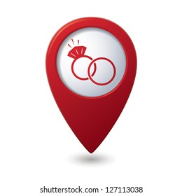 Map pointer with wedding rings icon. Vector illustration