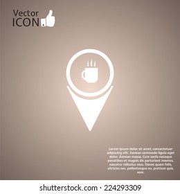 Map pointer with white icon coffee mugs. Made in vector
