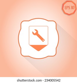 Map pointer with wrench icon. Sign options. Flat design style. Made in vector illustration
