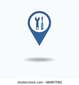 Map pointer with Wrench and screwdriver icon. Single flat icon isolated on white background. vector illustration., One of set web icons. eps 10. Support concept. consumer services.