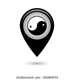 Map pointer with Yin yang symbol icon