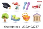 Map pointers, 3d vector cartoon icon set. Graduation hat, beach umbrella, fork and spoon, airplane, tree, bed, shopping basket, building