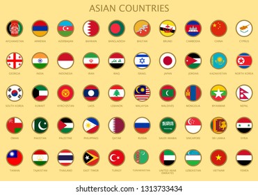 Map pointers with all national flags of the Asian countries in alphabetical order. Official colors flags. Colorful set map pointers. Vector illustration