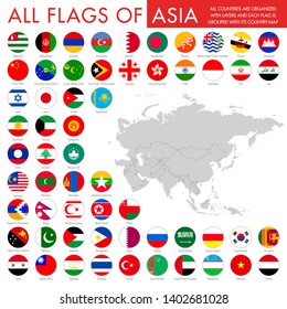 Map pointers with all national flags of the Asian countries in alphabetical order. Official colors flags. Colorful set map pointers