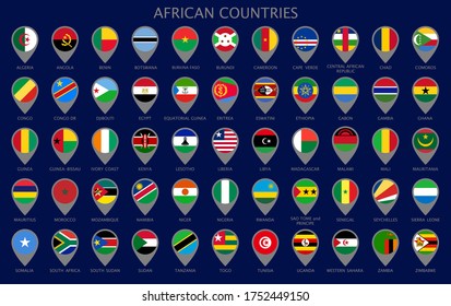 Map pointers with all national flags of the African countries in alphabetical order. Official colors flags. Colorful set map pointers. Vector illustration