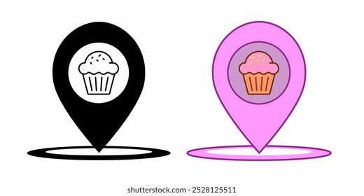 Map pointers with cake vector icon. Muffin sign. Cupcake symbol.
