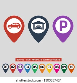 Map pointers with car parking icon on grey background. Vector illustration