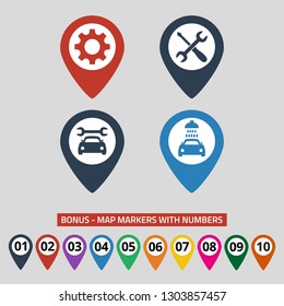 Map pointers with car service icons on grey background. Vector illustration