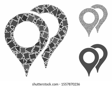 Map pointers composition of humpy items in different sizes and shades, based on map pointers icon. Vector humpy parts are organized into collage. Map pointers icons collage with dotted pattern.