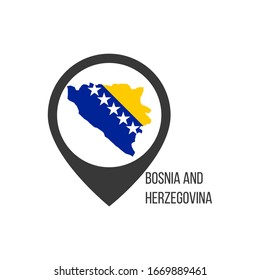 Mapa de punteros con el país Bosnia y Herzegovina. Bandera de Bosnia y Herzegovina. Ilustración vectorial de material aislada en fondo blanco.