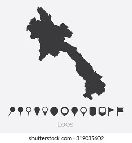 A Map with pointers of the country of Laos