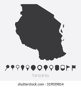 A Map with pointers of the country of Tanzania
