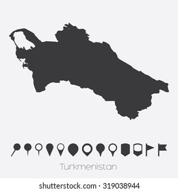 A Map with pointers of the country of Turkmenistan