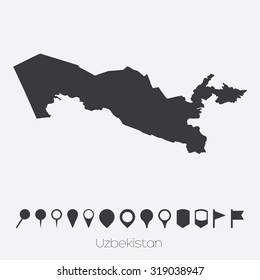 A Map with pointers of the country of Uzbekistan