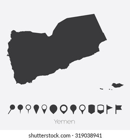 A Map with pointers of the country of Yemen