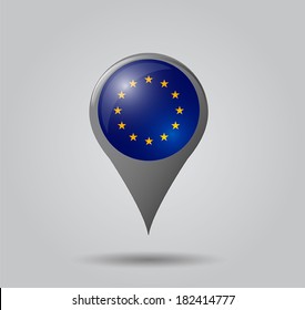Map pointers with flag and 3D effect on grey background - European Union