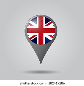 Map pointers with flag and 3D effect on grey background - United Kingdom