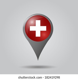 Map pointers with flag and 3D effect on grey background - Switzerland