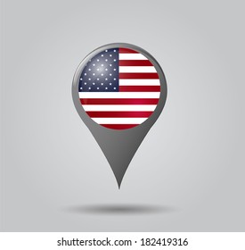 Map pointers with flag and 3D effect on grey background - United States of America