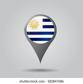 Map pointers with flag and 3D effect on grey background - Uruguay